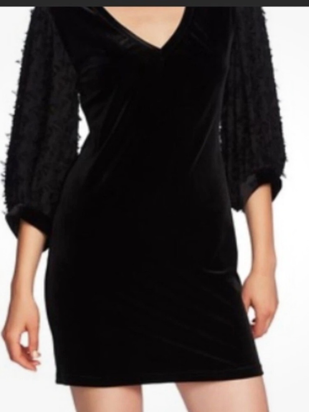 1.STATE Fringe Sleeve Black Velvet V-Neck Dress Velvet fringe sleeves‎ Size L